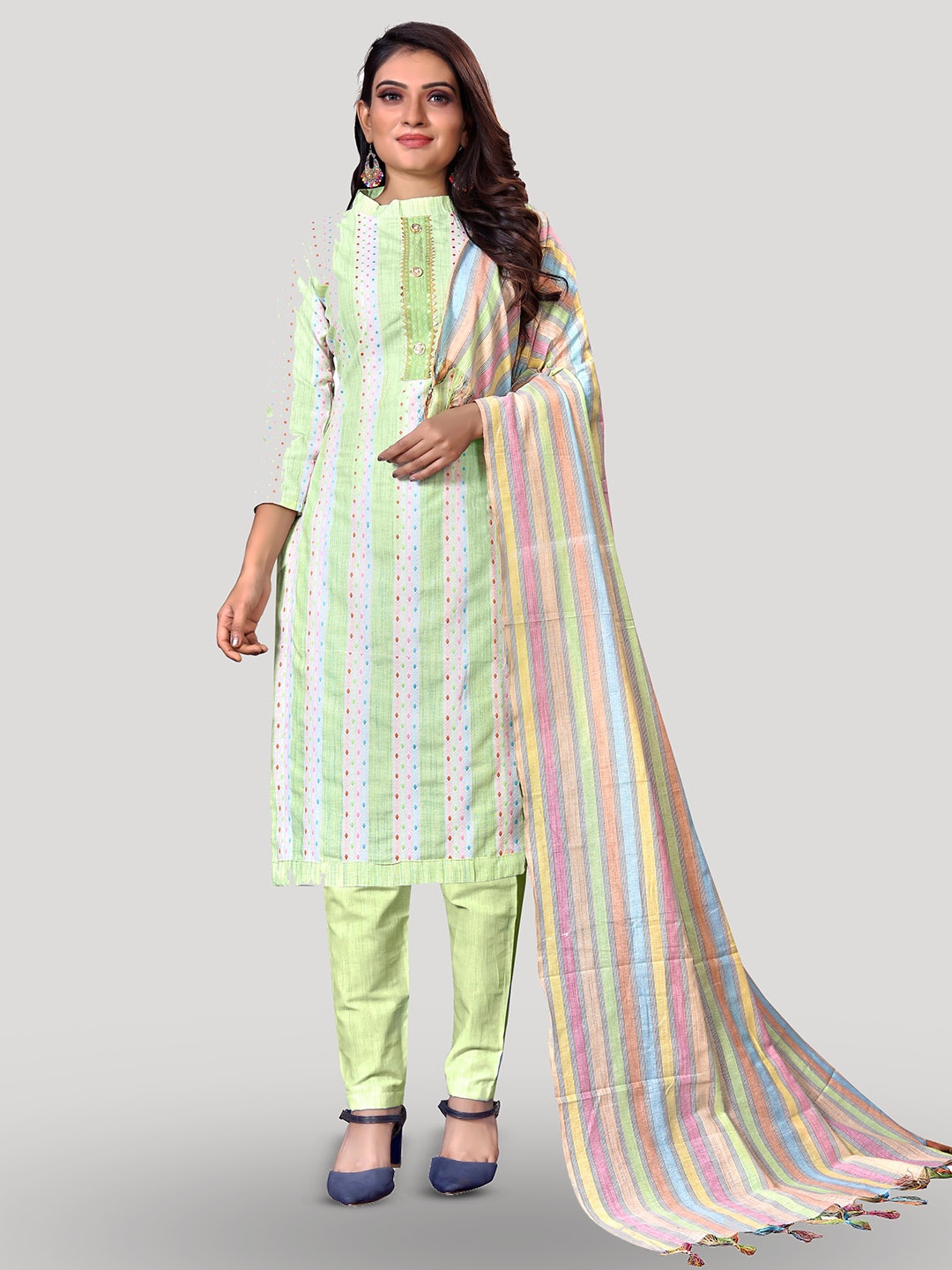 

Fashion FRICKS Striped Pure Cotton Unstitched Dress Material, Green
