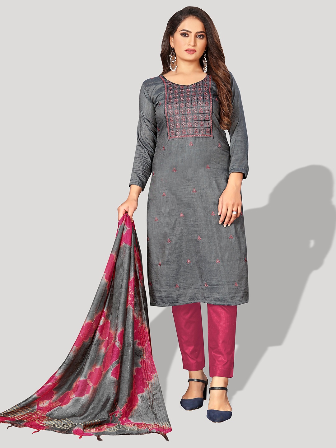 

Fashion FRICKS Ethnic Motifs Embroidered Pure Silk Unstitched Dress Material, Grey