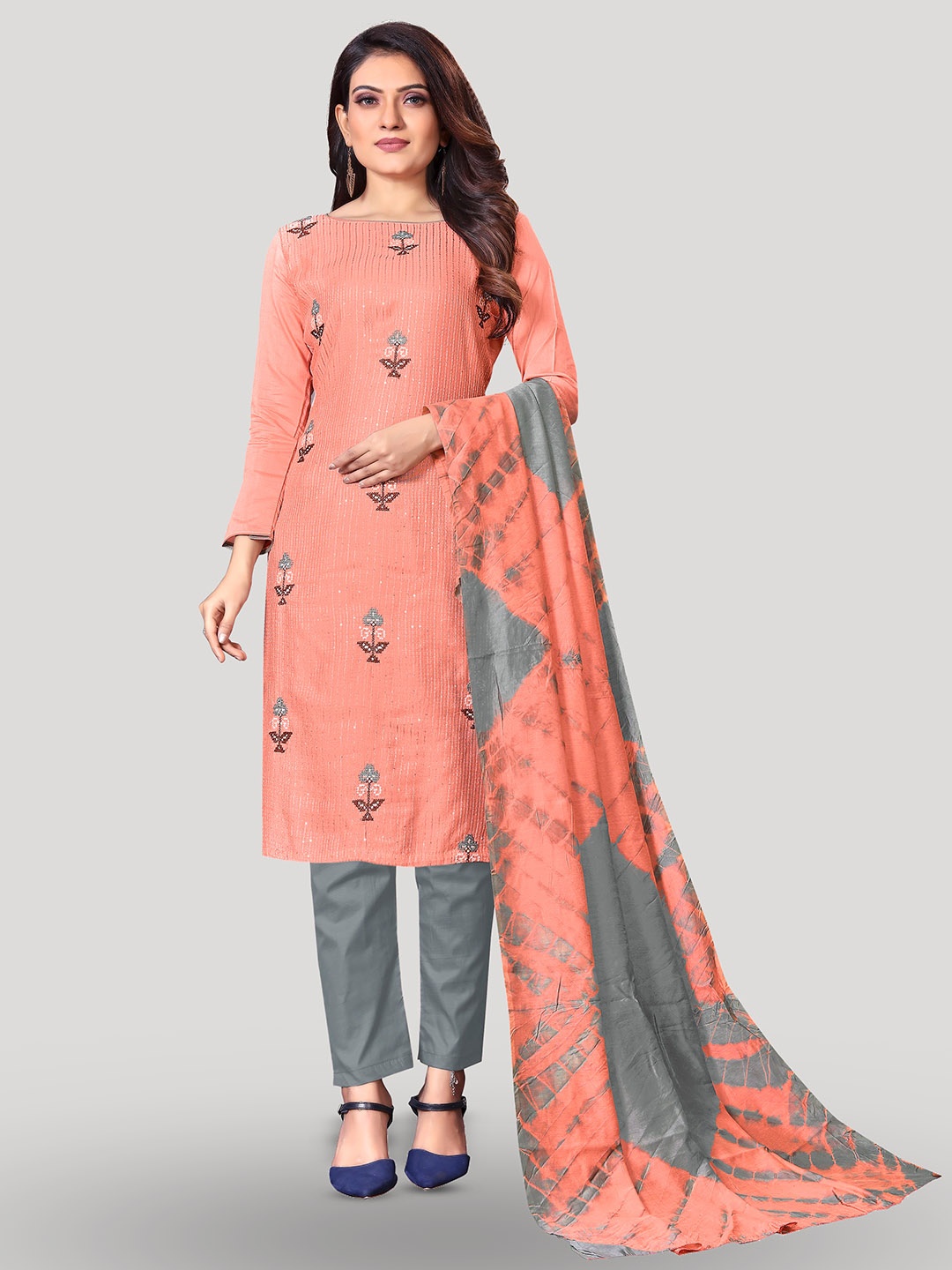 

Fashion FRICKS Embroidered Pure Cotton Unstitched Dress Material, Orange