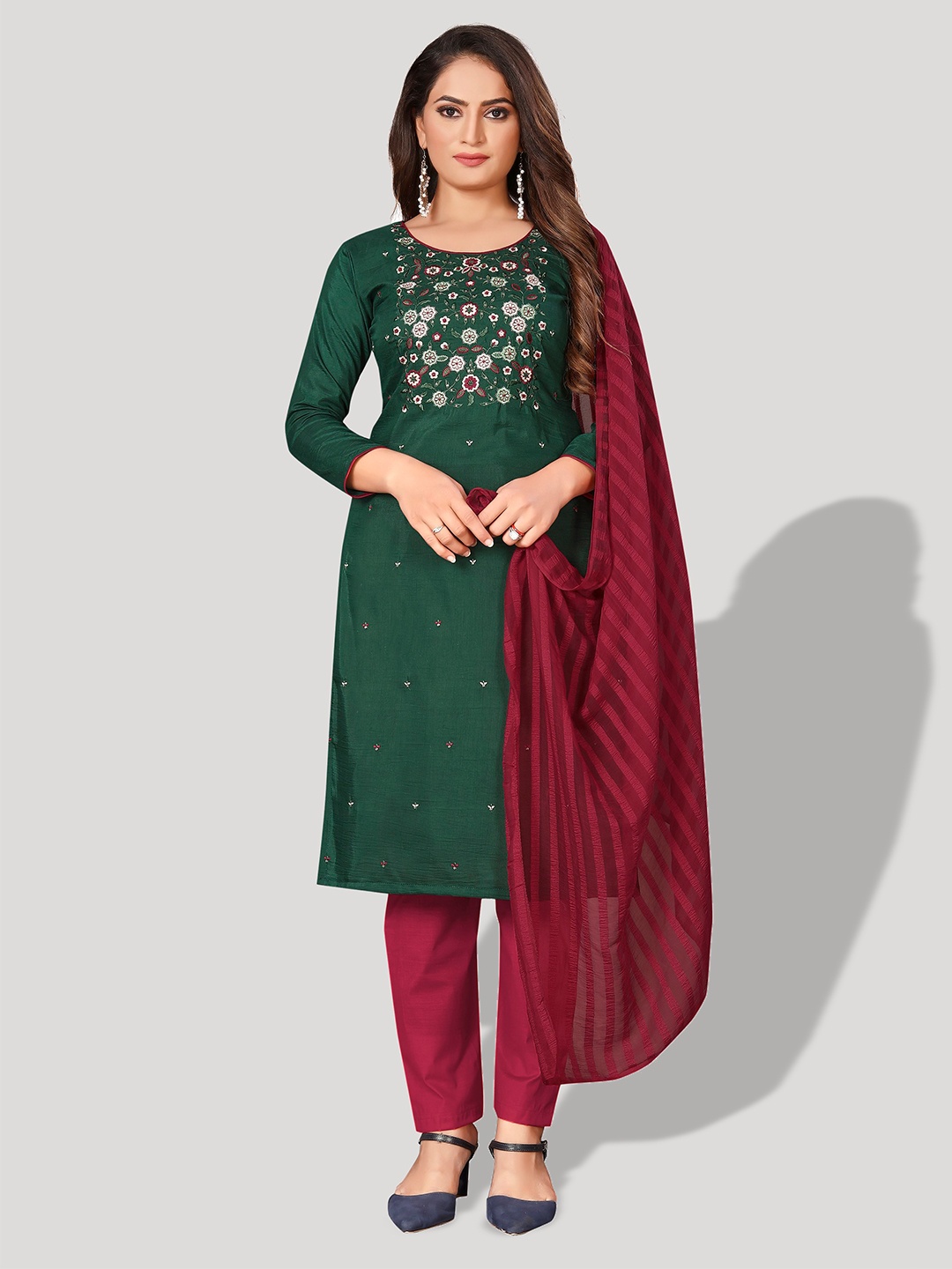 

Fashion FRICKS Floral Embroidered Pure Cotton Unstitched Dress Material, Green