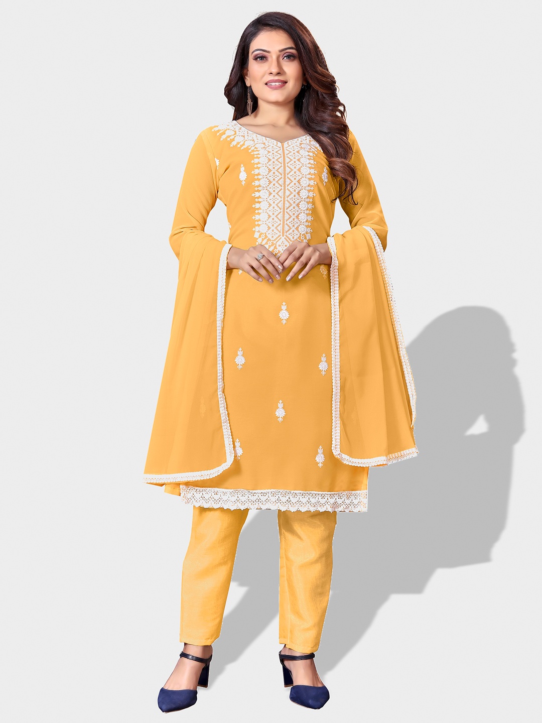 

Fashion FRICKS Floral Embroidered Unstitched Dress Material, Yellow