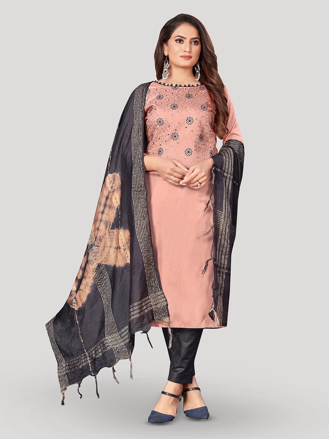 

Fashion FRICKS Floral Embroidered Pure Silk Unstitched Dress Material, Peach