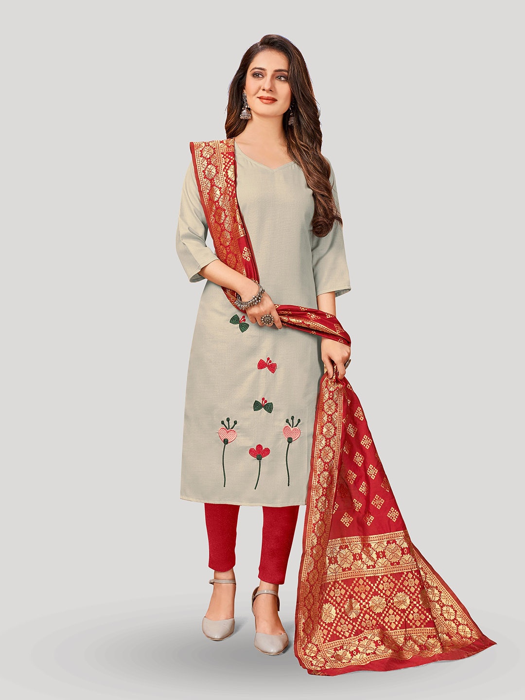 

Fashion FRICKS Embroidered Pure Cotton Unstitched Dress Material, Cream