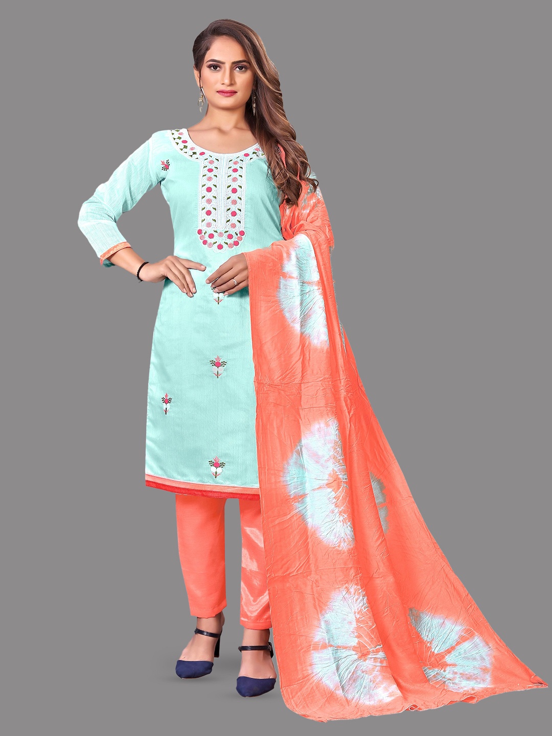 

Fashion FRICKS Floral Embroidered Pure Silk Unstitched Dress Material, Turquoise blue