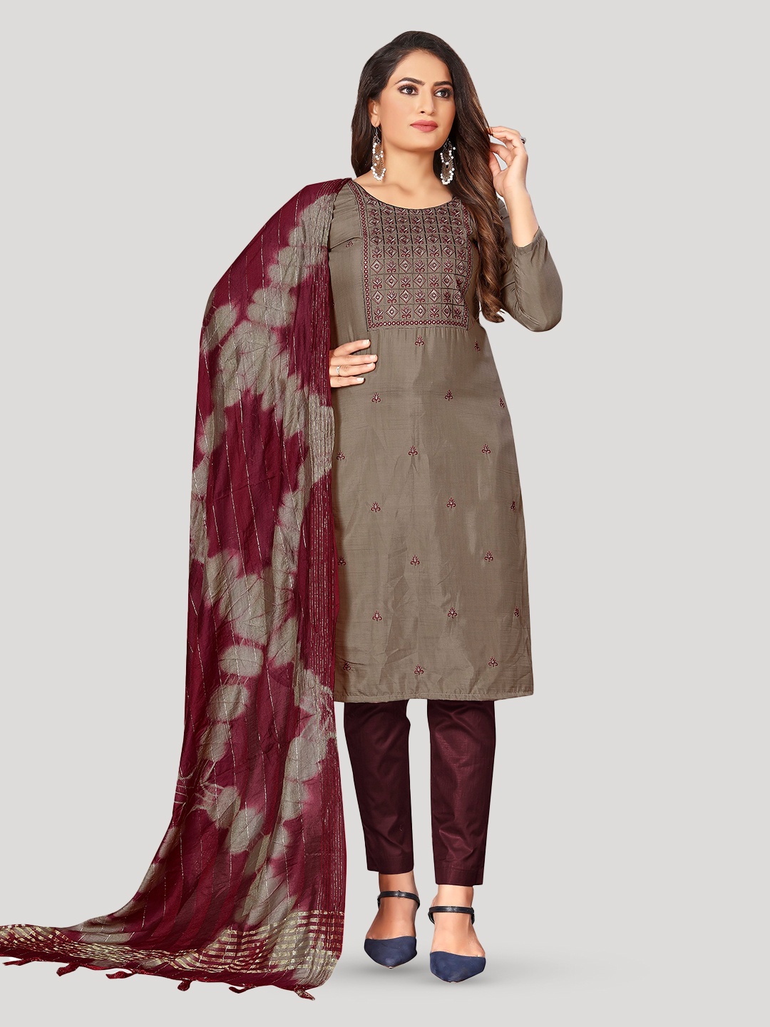 

Fashion FRICKS Floral Embroidered Pure Silk Unstitched Dress Material, Brown