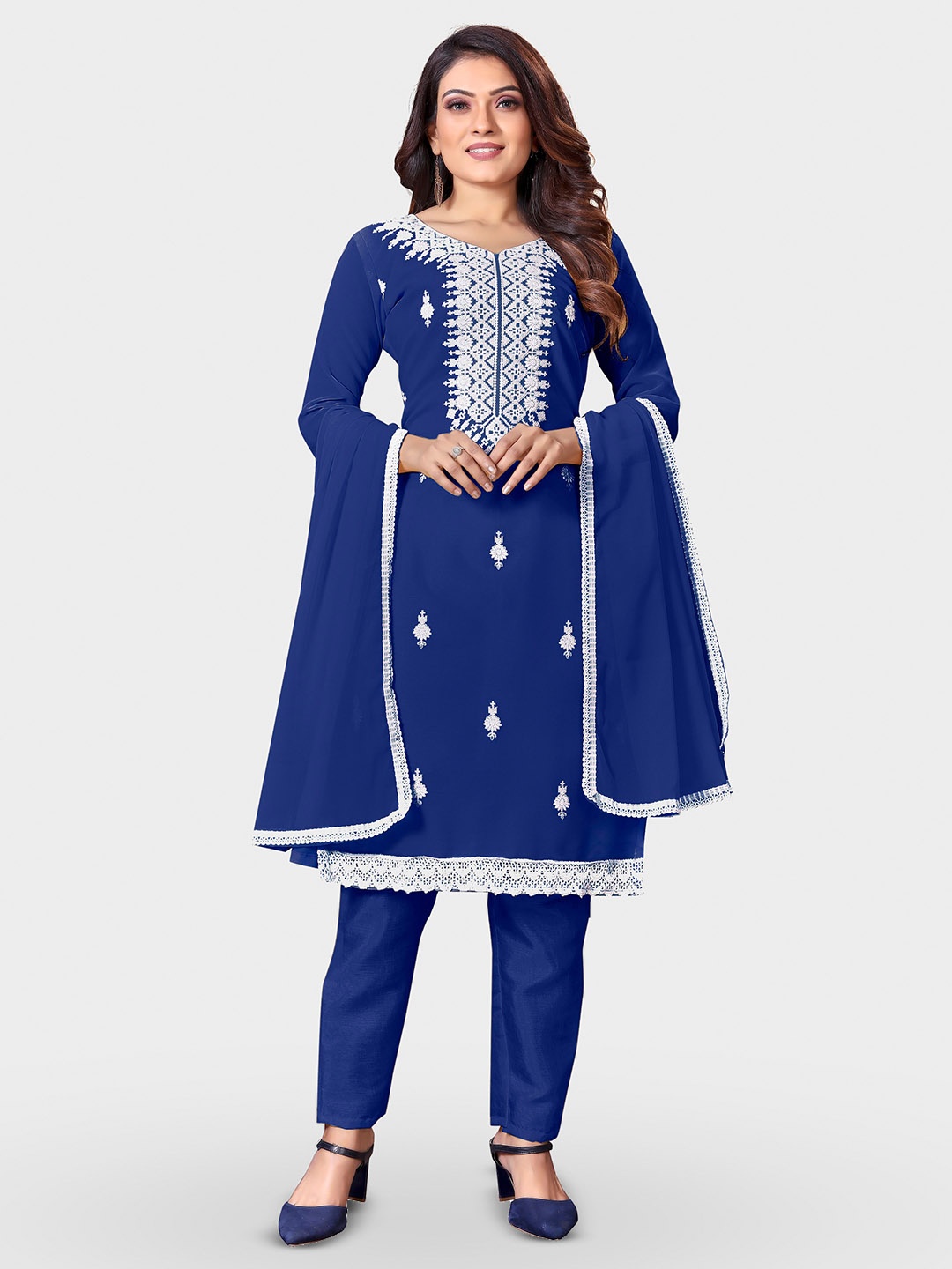 

Fashion FRICKS Floral Embroidered Unstitched Dress Material, Blue
