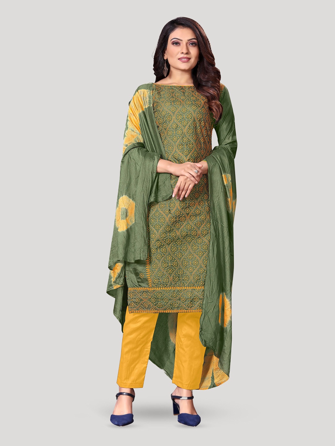 

Fashion FRICKS Floral Embroidered Pure Silk Unstitched Dress Material, Green