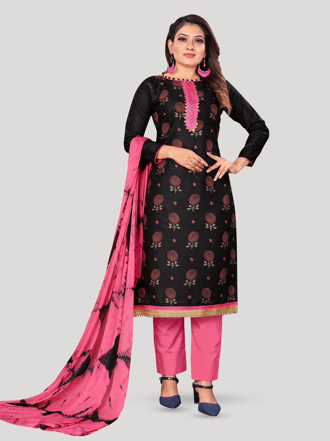 

Fashion FRICKS Floral Printed Pure Cotton Unstitched Dress Material, Black