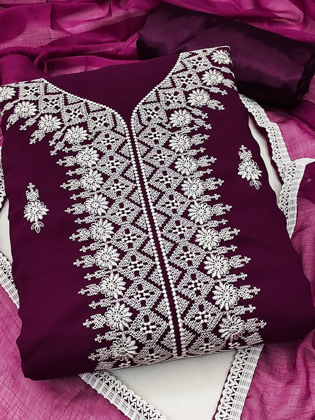 

Fashion FRICKS Floral Embroidered Unstitched Dress Material, Burgundy