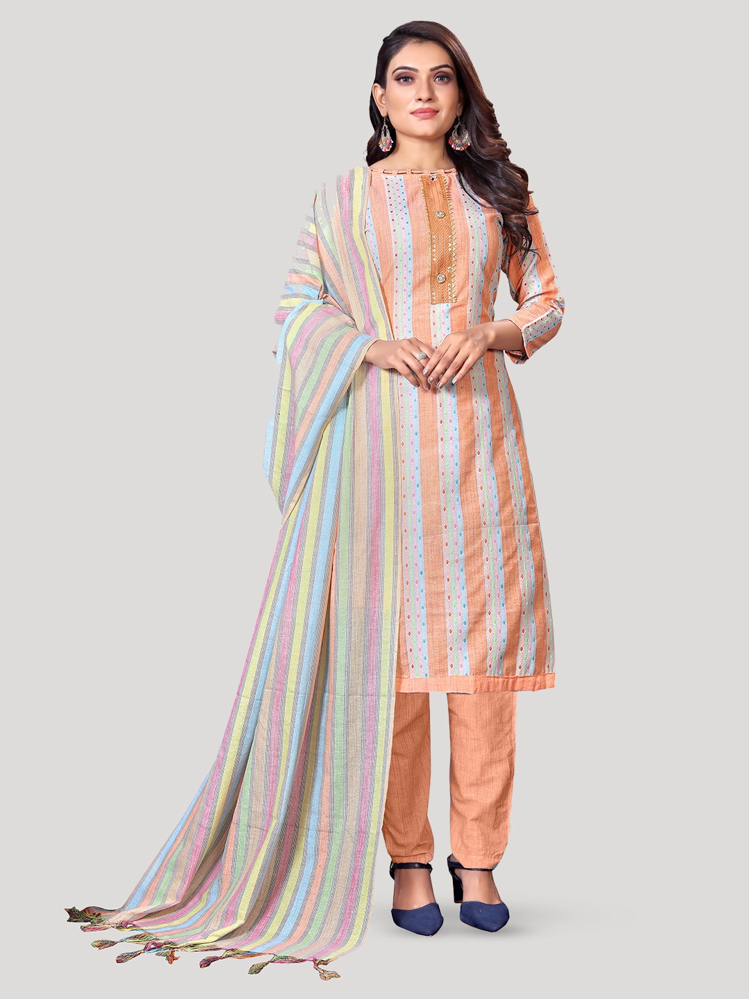 

Fashion FRICKS Embroidered Pure Cotton Unstitched Dress Material, Peach