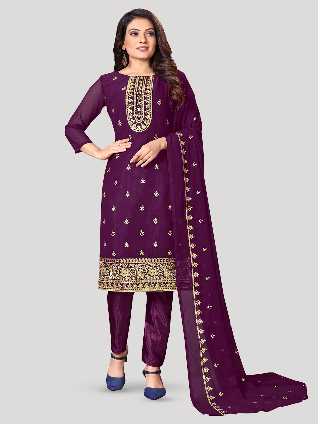 

Fashion FRICKS Floral Embroidered Unstitched Dress Material, Purple