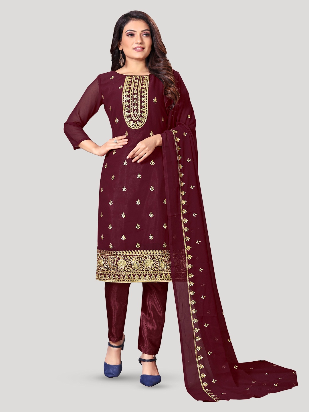 

Fashion FRICKS Floral Embroidered Unstitched Dress Material, Red