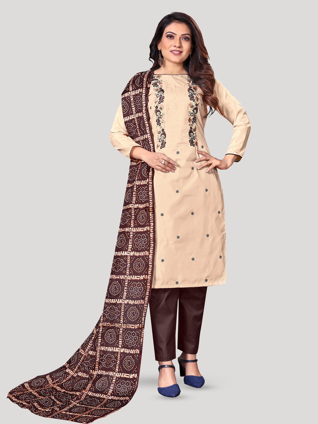 

Fashion FRICKS Floral Embroidered Pure Silk Unstitched Dress Material, Cream