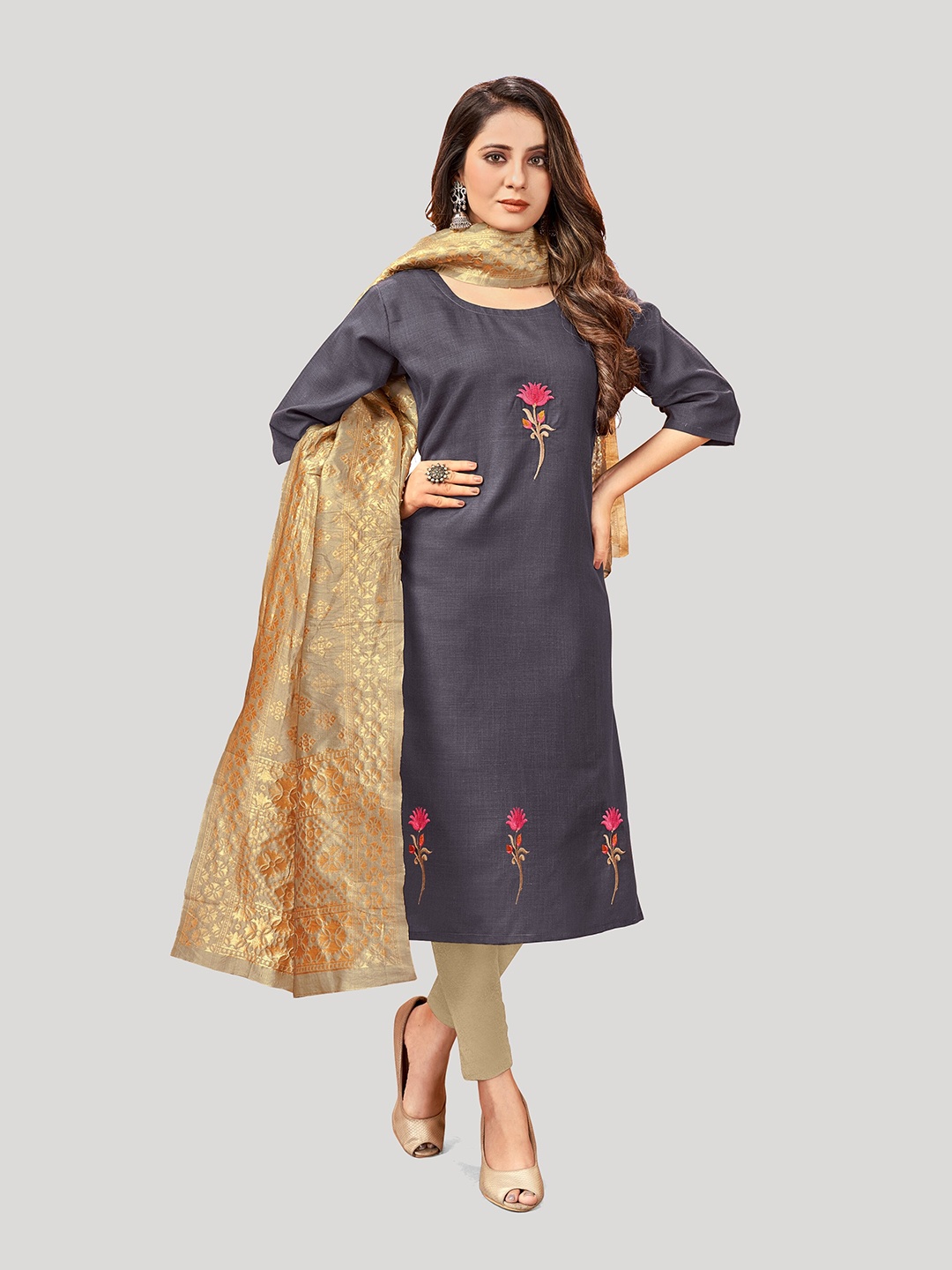 

Fashion FRICKS Floral Embroidered Pure Cotton Unstitched Dress Material, Grey