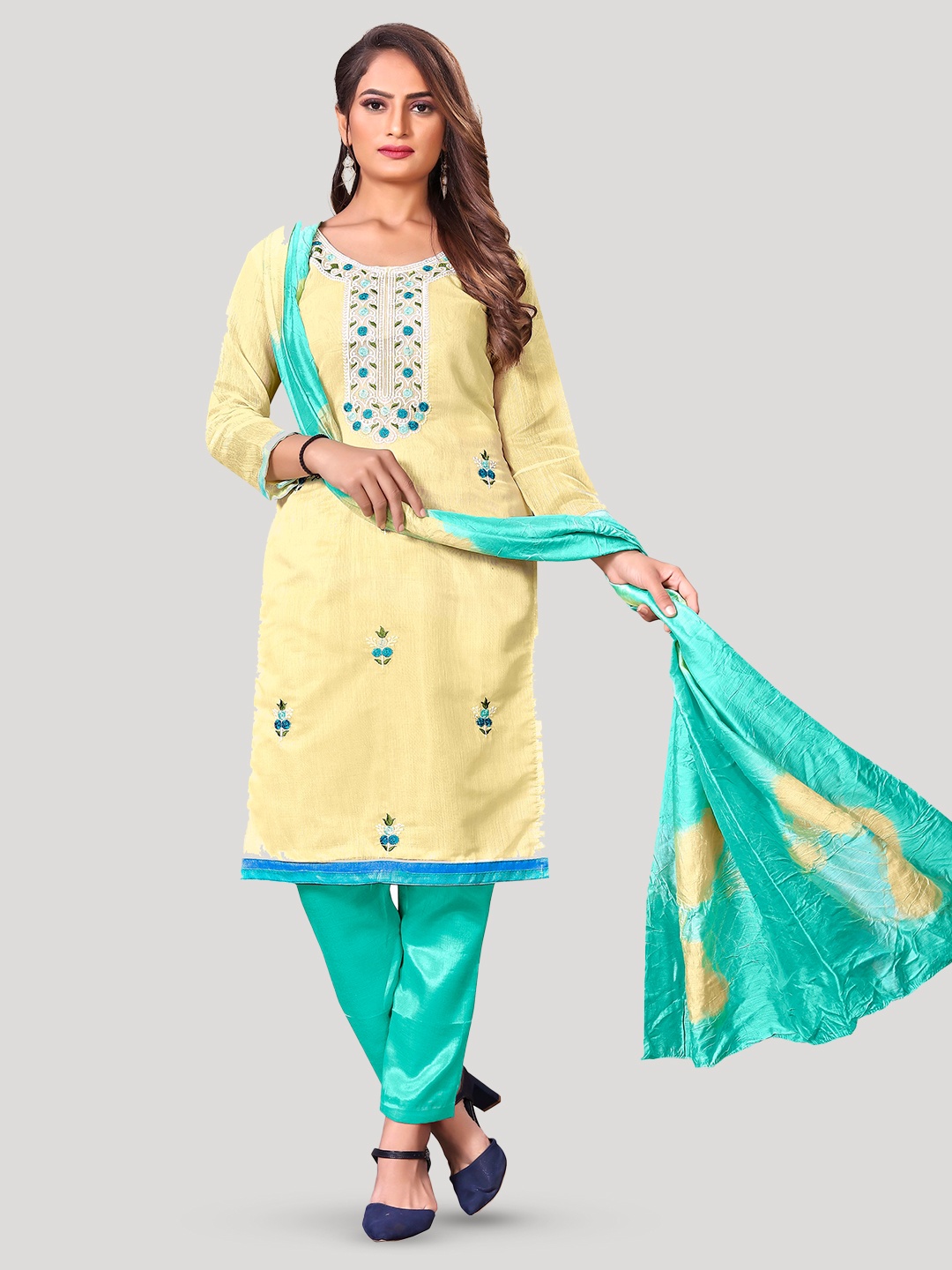 

Fashion FRICKS Floral Embroidered Pure Silk Unstitched Dress Material, Yellow