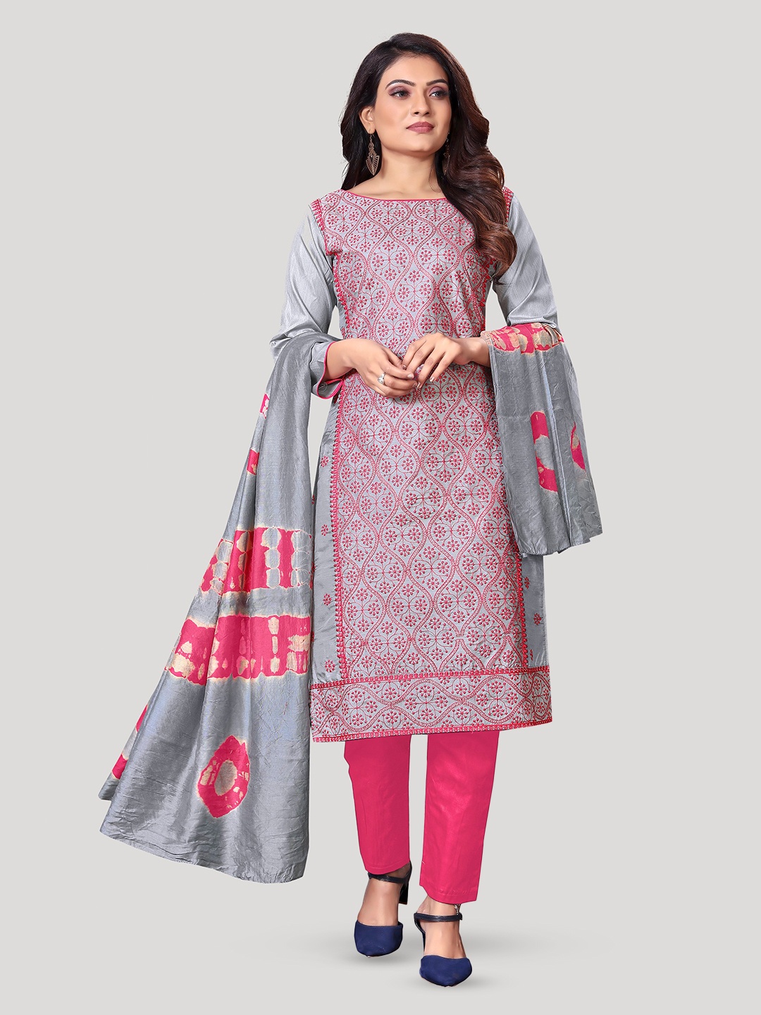 

Fashion FRICKS Floral Embroidered Pure Silk Unstitched Dress Material, Grey