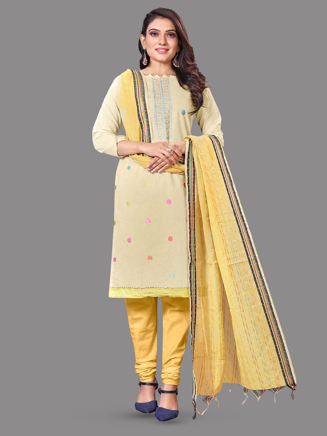 

Fashion FRICKS Geometric Embroidered Pure Cotton Unstitched Dress Material, Yellow