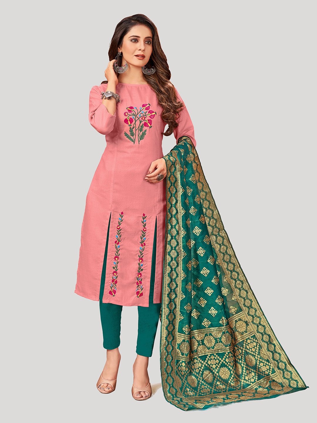 

Fashion FRICKS Floral Embroidered Pure Cotton Unstitched Dress Material, Pink