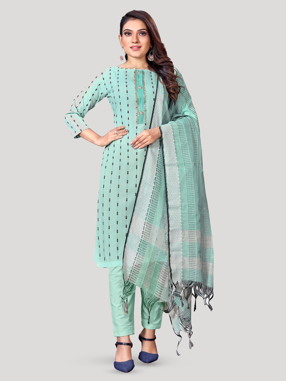 

Fashion FRICKS Geometric Embroidered Pure Cotton Unstitched Dress Material, Green