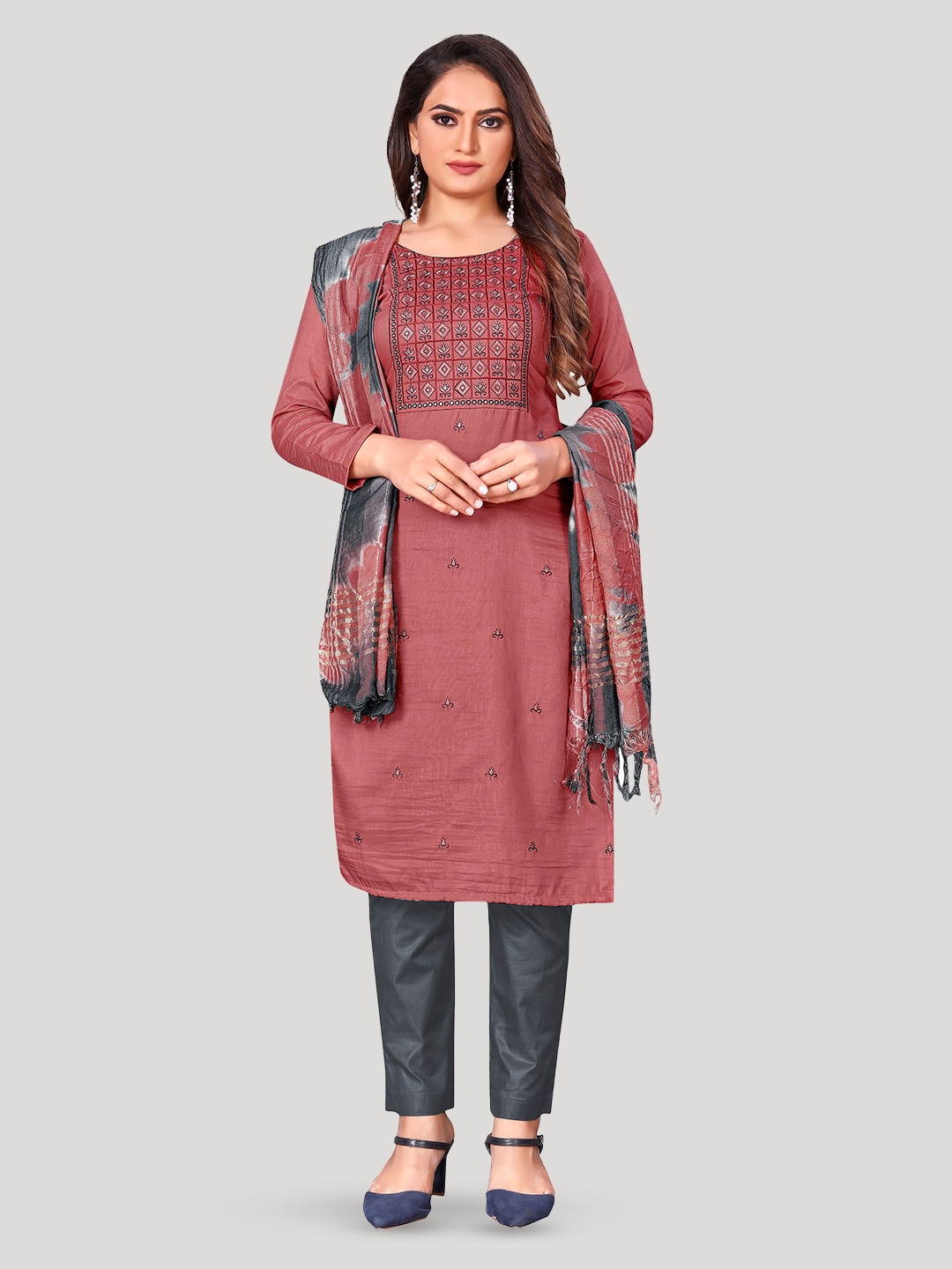 

Fashion FRICKS Floral Embroidered Pure Silk Unstitched Dress Material, Red