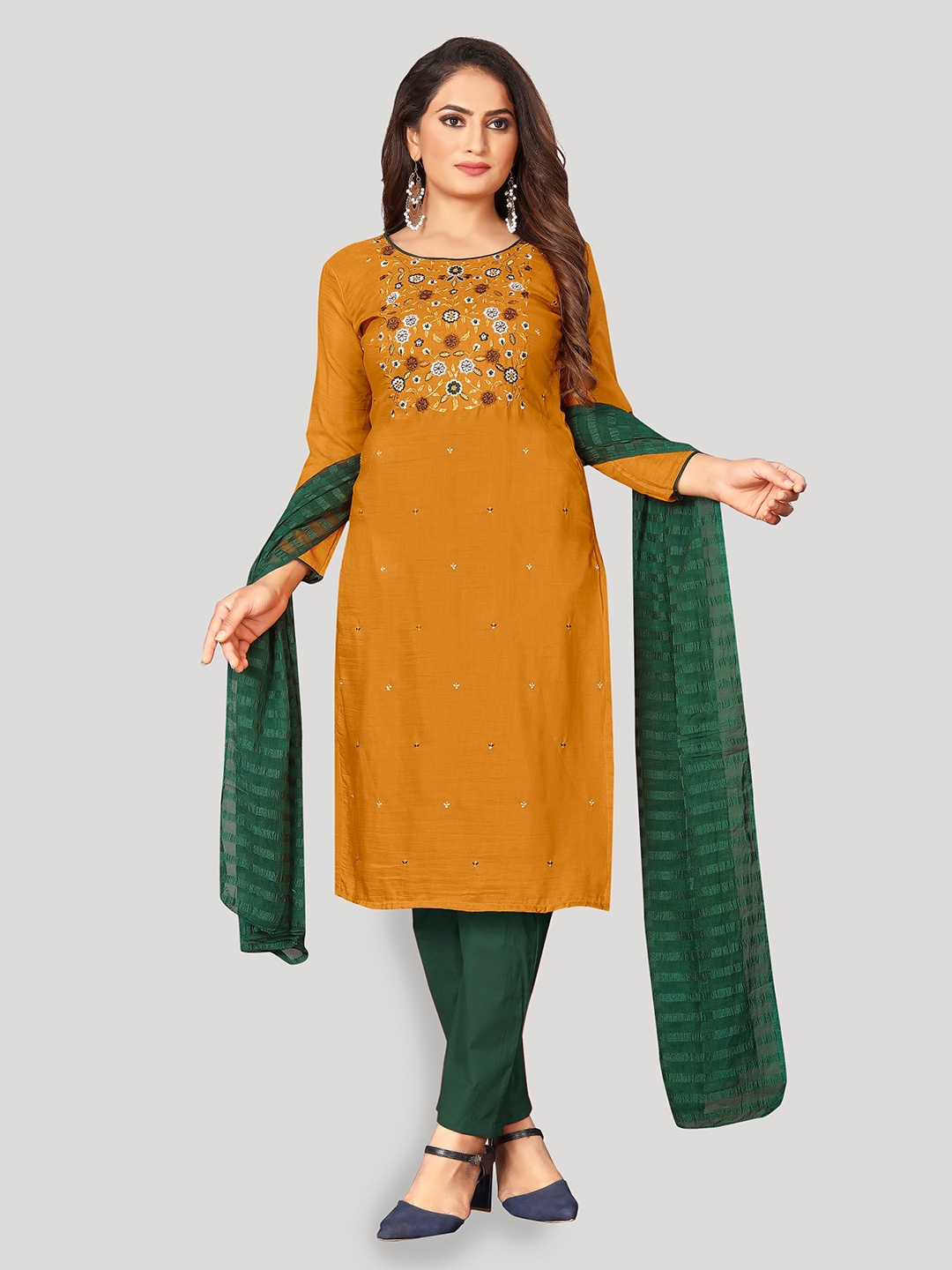 

Fashion FRICKS Floral Embroidered Pure Cotton Unstitched Dress Material, Yellow