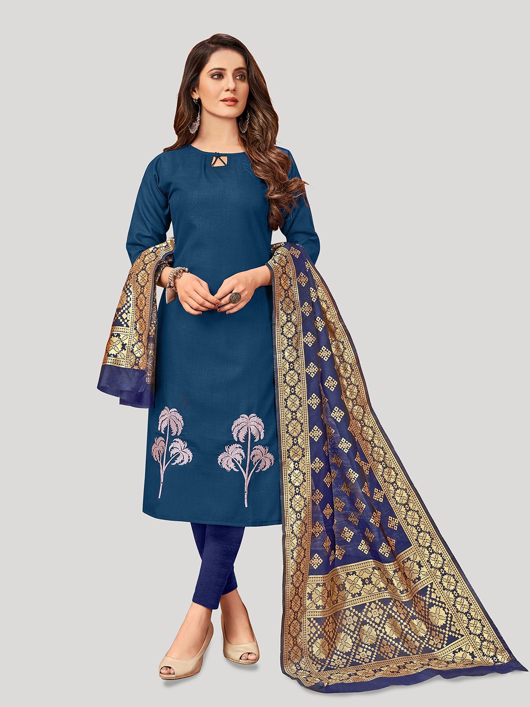 

Fashion FRICKS Floral Embroidered Pure Cotton Unstitched Dress Material, Navy blue
