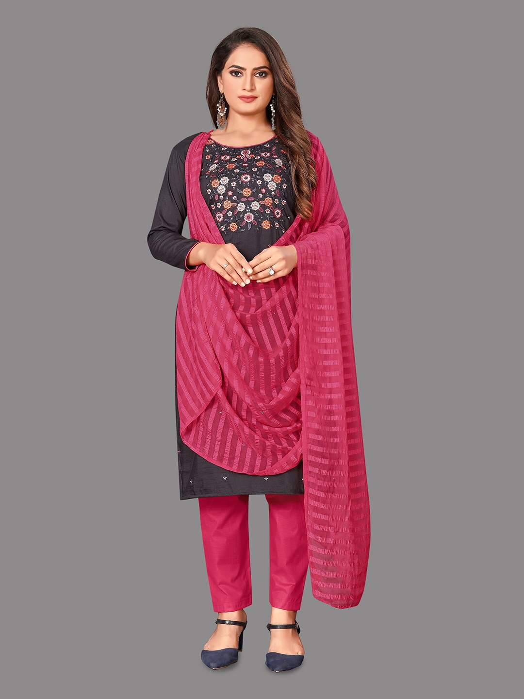 

Fashion FRICKS Floral Embroidered Pure Cotton Unstitched Dress Material, Brown