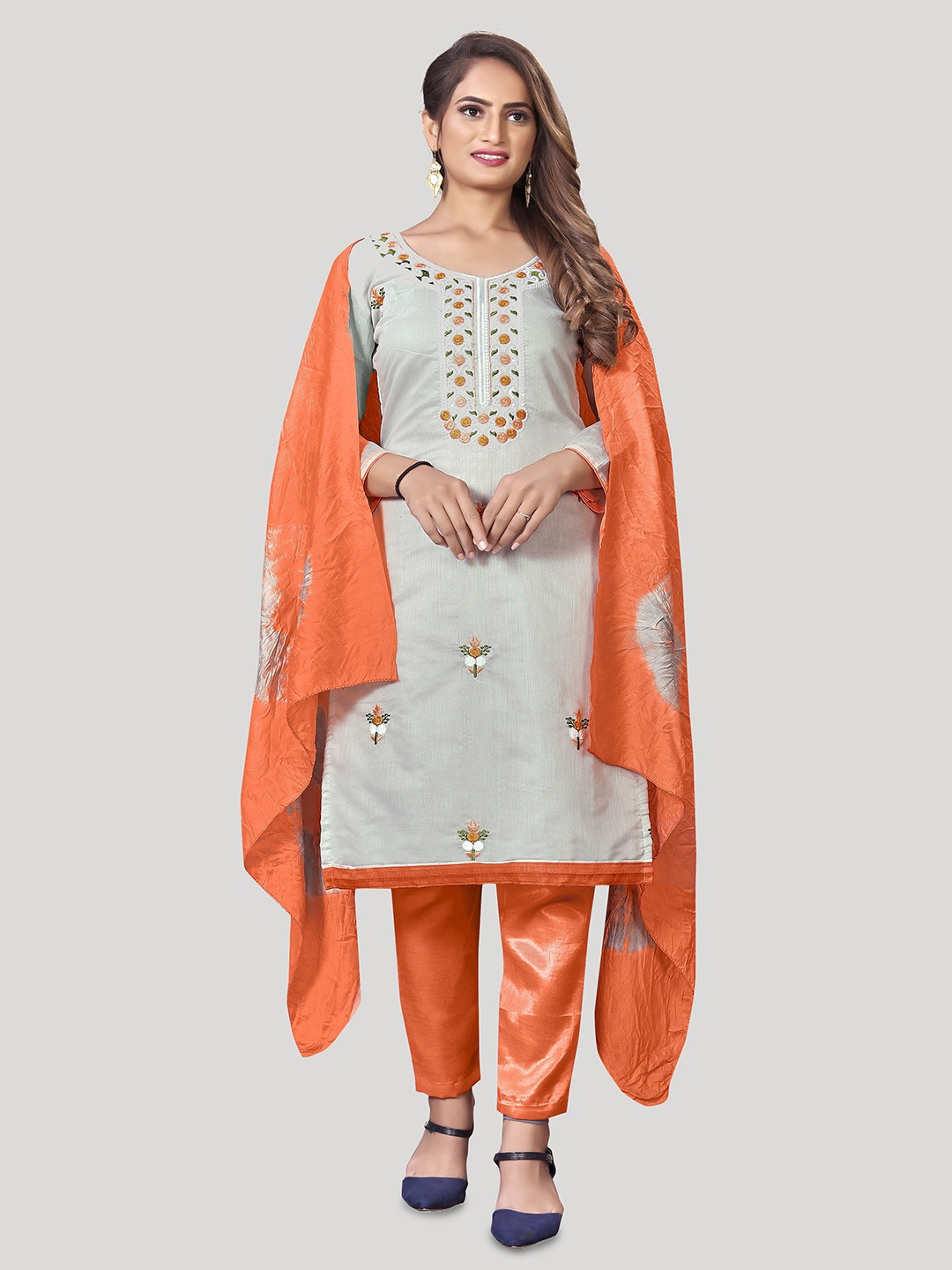 

Fashion FRICKS Floral Embroidered Pure Silk Unstitched Dress Material, Grey