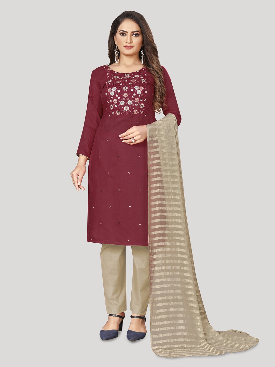 

Fashion FRICKS Floral Embroidered Pure Cotton Unstitched Dress Material, Maroon