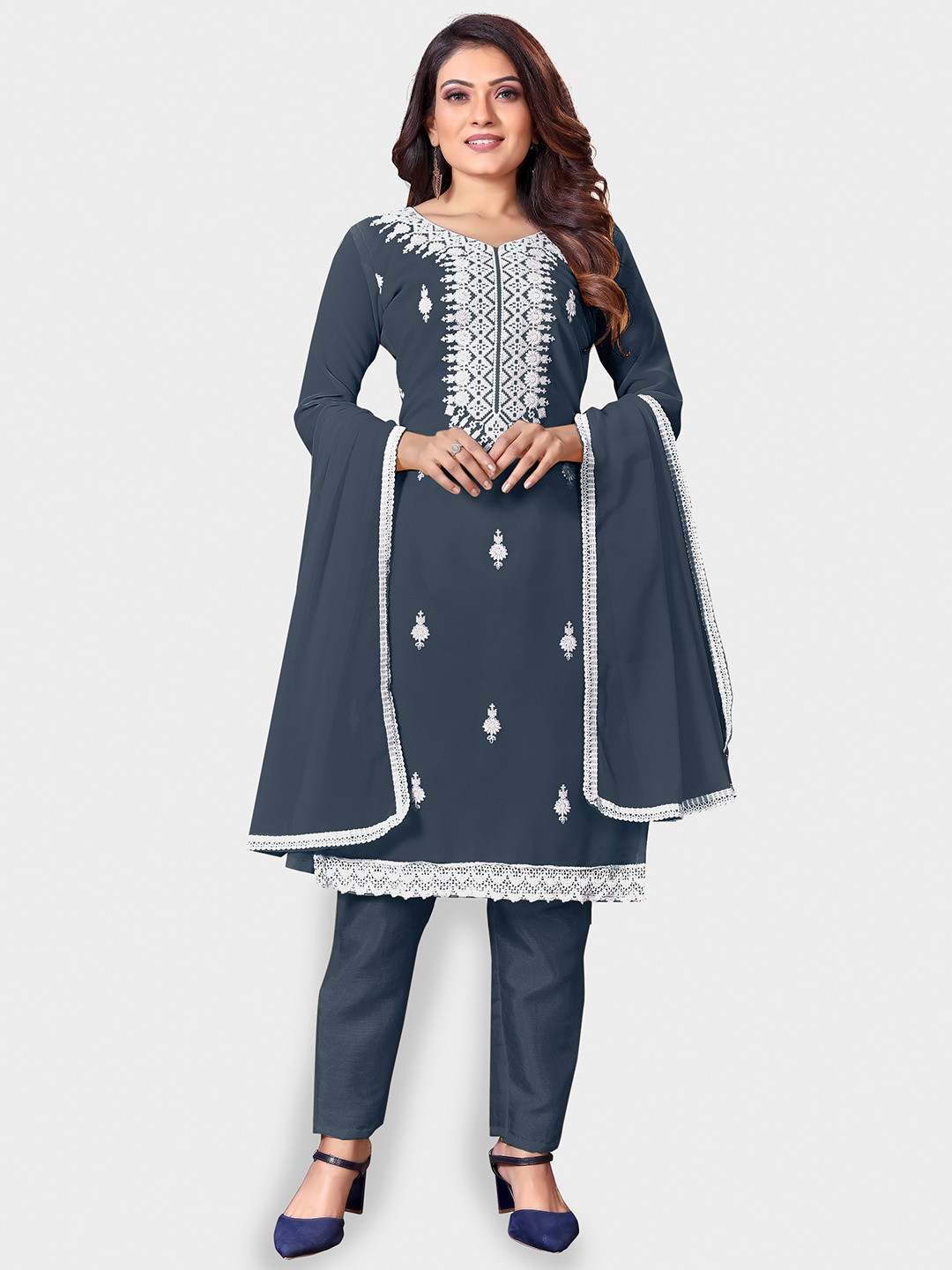 

Fashion FRICKS Floral Embroidered Unstitched Dress Material, Grey
