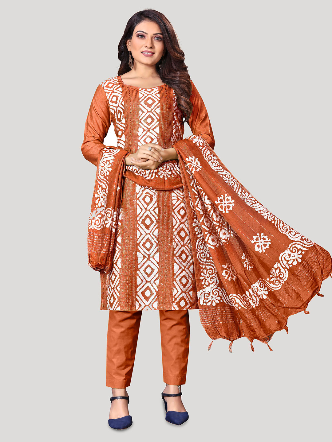 

Fashion FRICKS Geometric Printed Pure Cotton Unstitched Dress Material, Orange