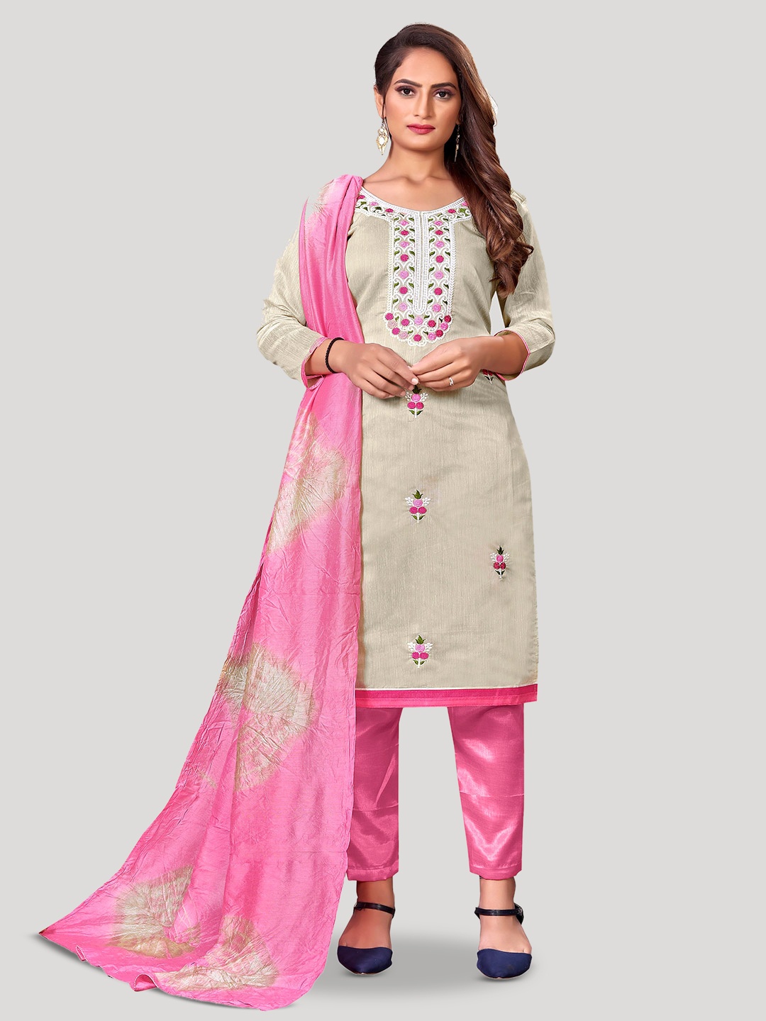 

Fashion FRICKS Floral Embroidered Pure Silk Unstitched Dress Material, Cream