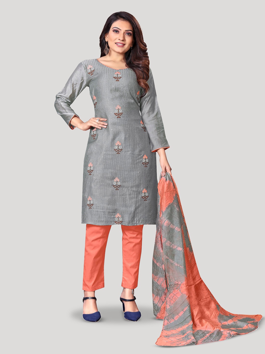 

Fashion FRICKS Floral Embroidered Pure Cotton Unstitched Dress Material, Grey