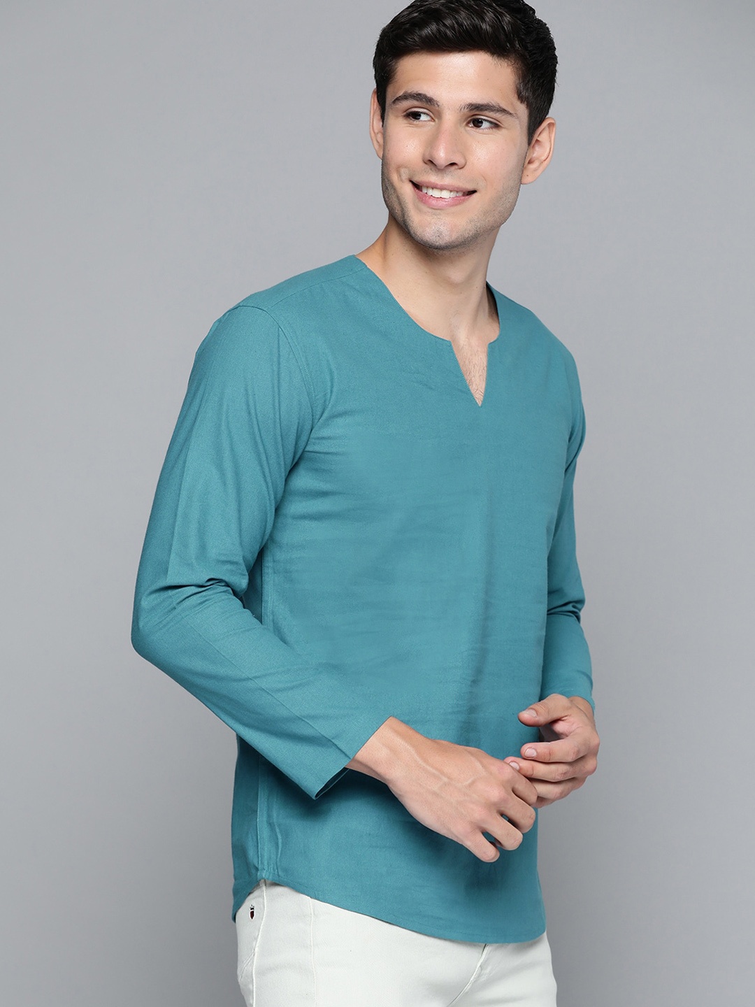 

MALHAAR Notched Neck Pure Cotton Short Kurta, Teal