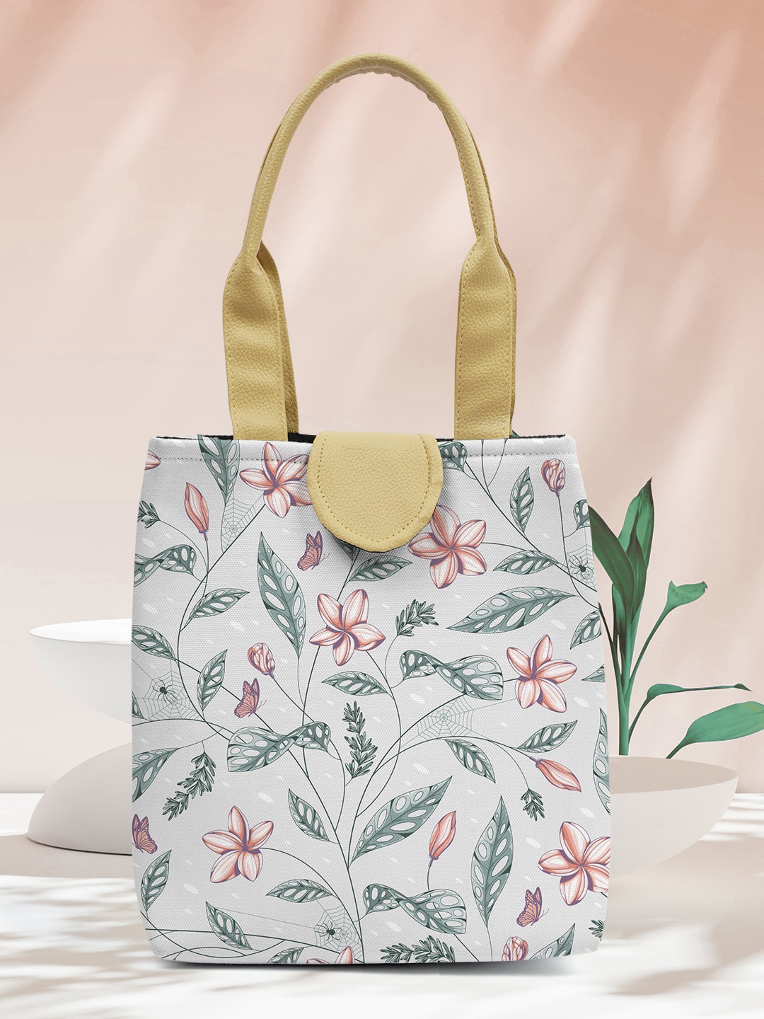 

Crazy Corner Floral Printed Lunch Bag With Pu Handle, Grey