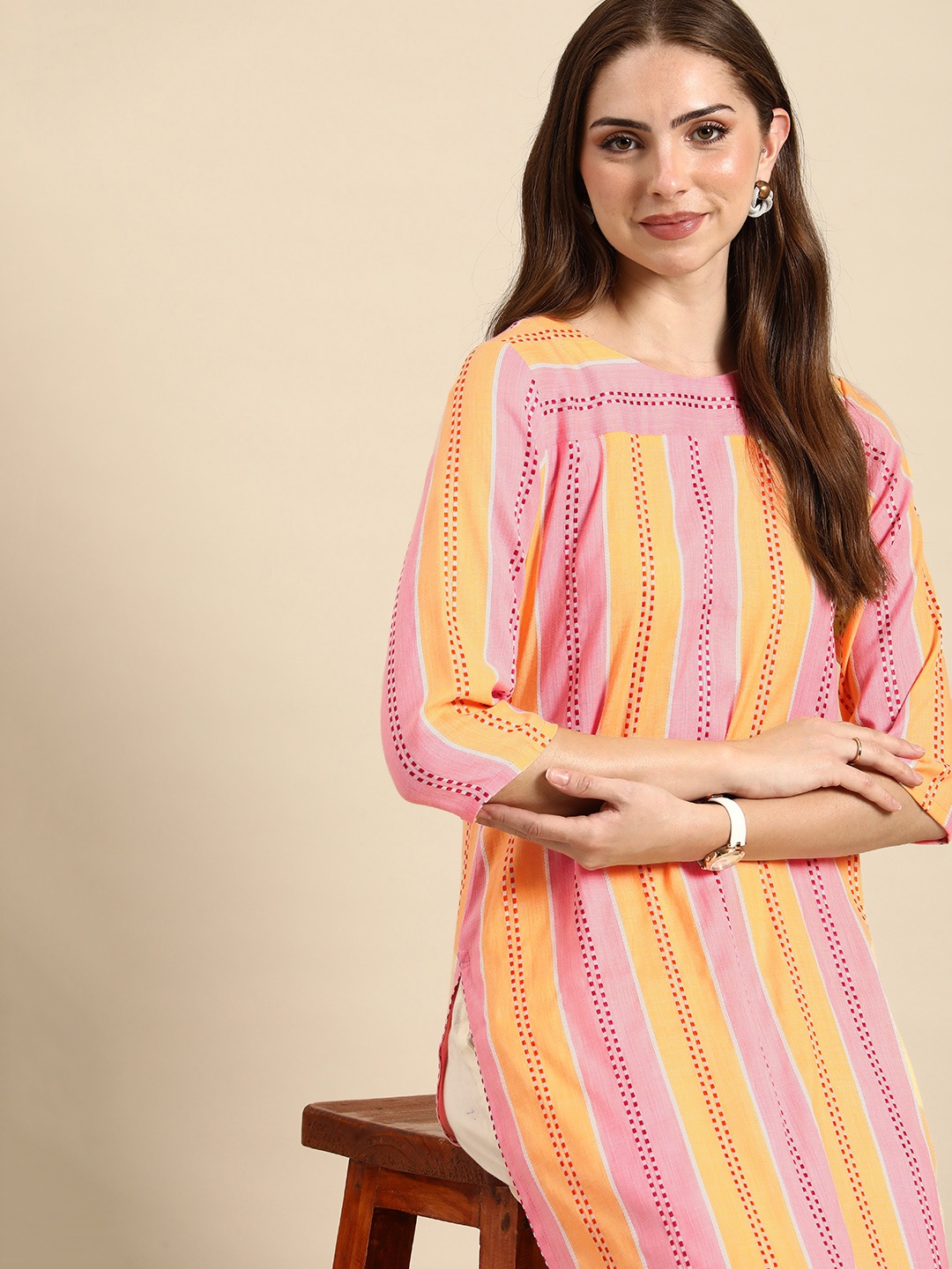 Anouk Striped Thread Work Kurta, Multi