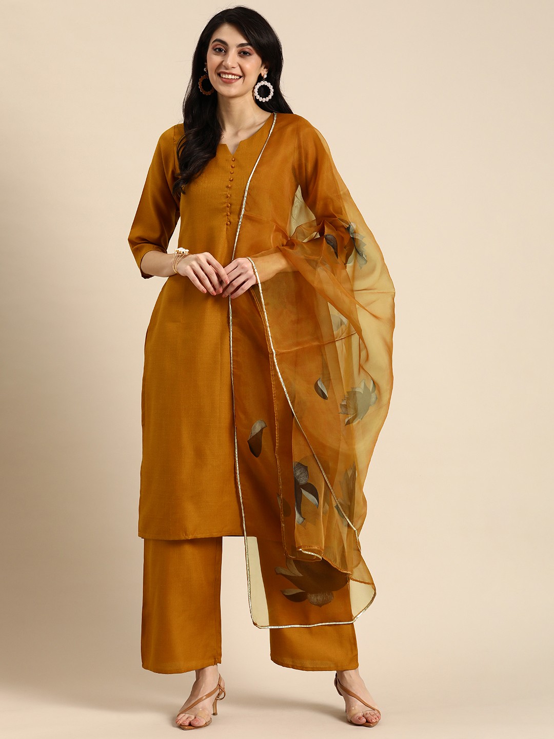 

Anouk Regular Kurta With Palazzos & Dupatta, Brown