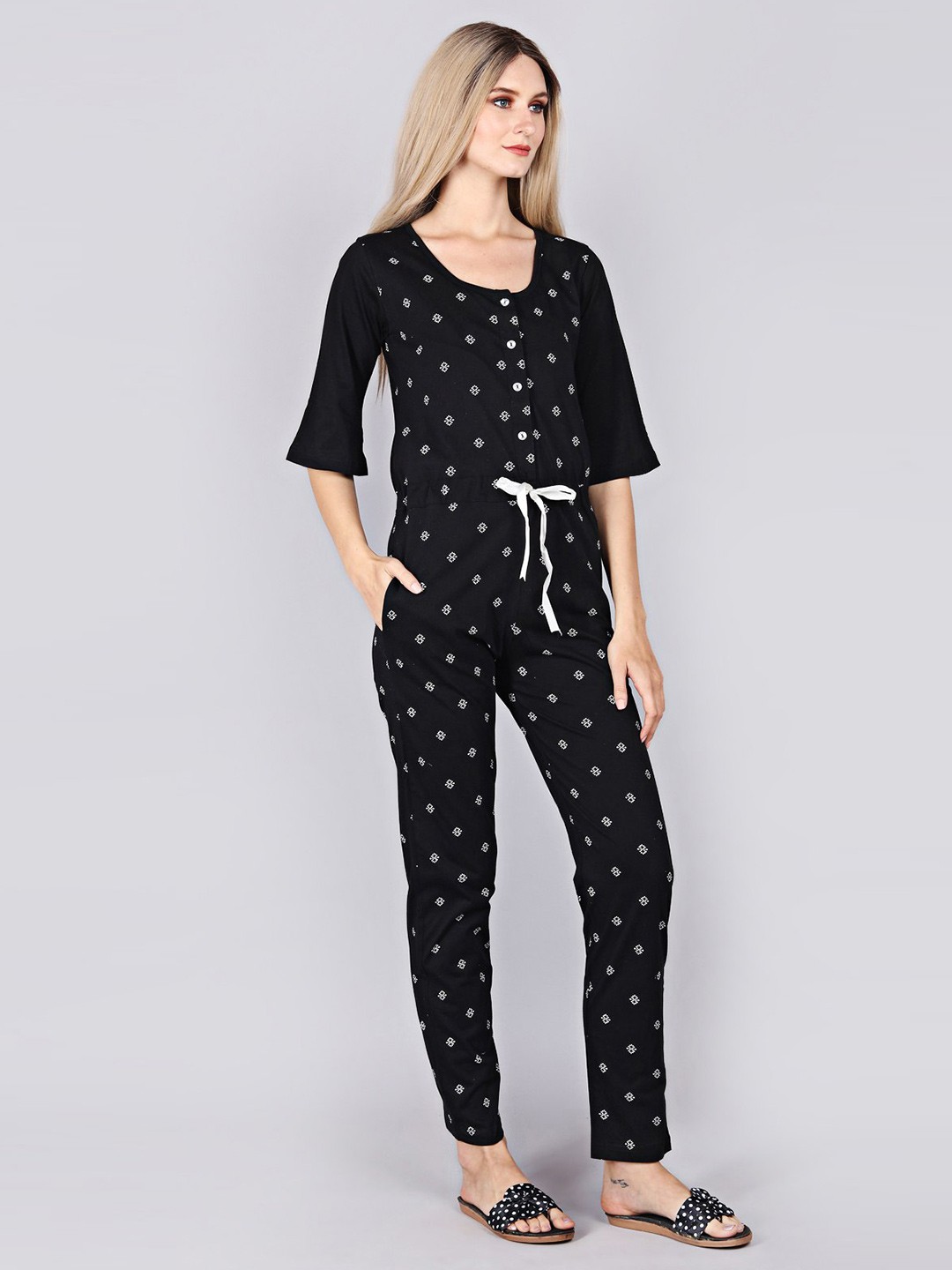 

ASPORA Liva Printed Waist-Tie-Ups Basic Jumpsuit, Black