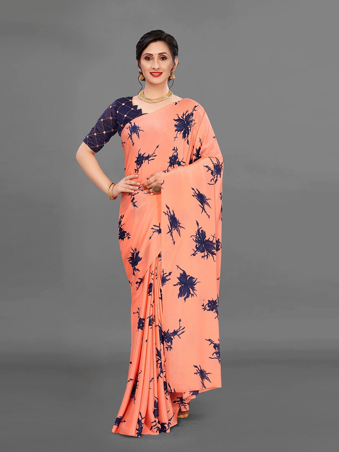 

VSaree Floral Printed Chiffon Saree, Peach