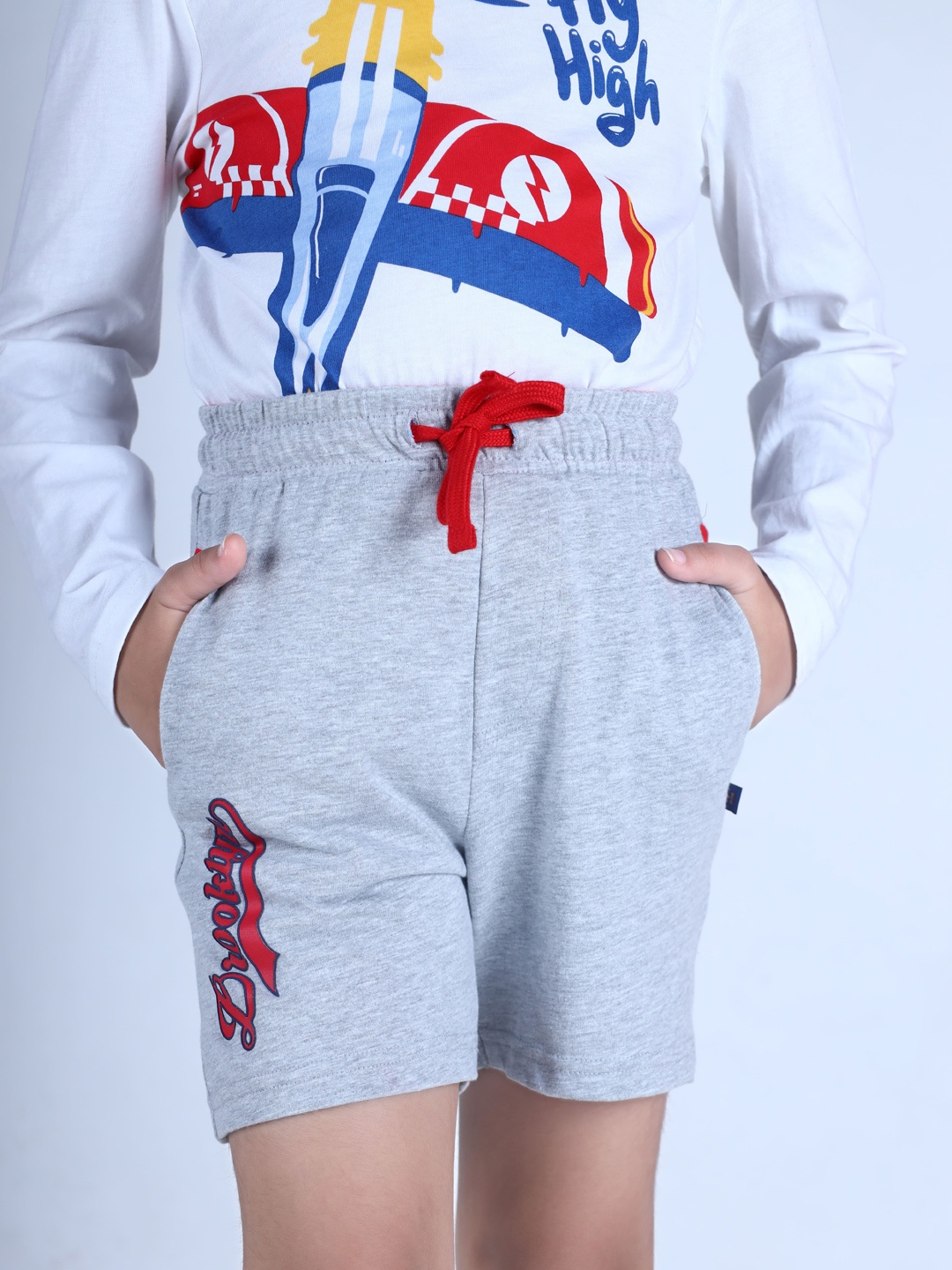 

3PIN Boys Printed Mid-Rise Cotton Shorts, Grey melange