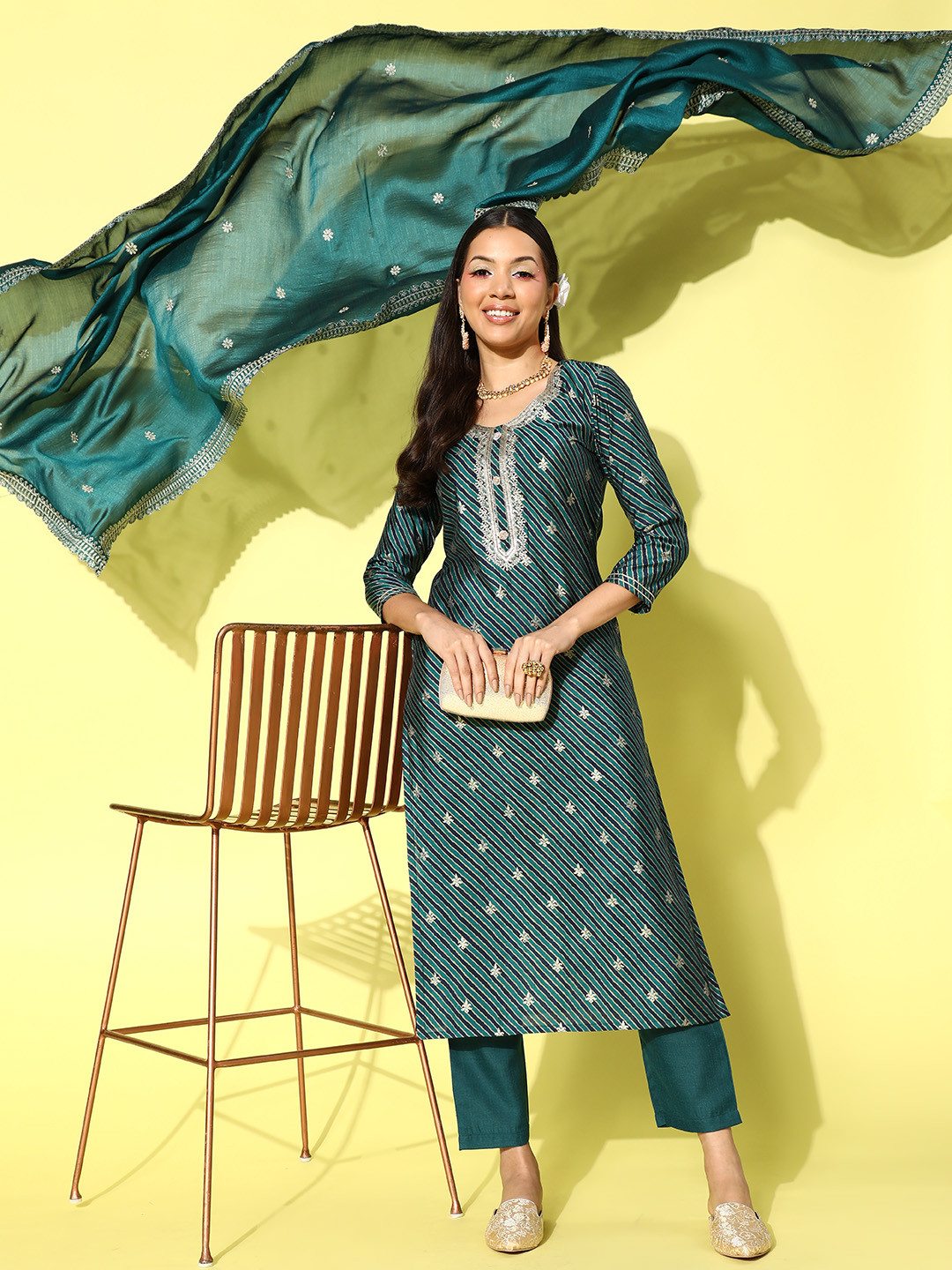 

Sangria Yoke Design Zari Kurta with Trousers & With Dupatta, Teal