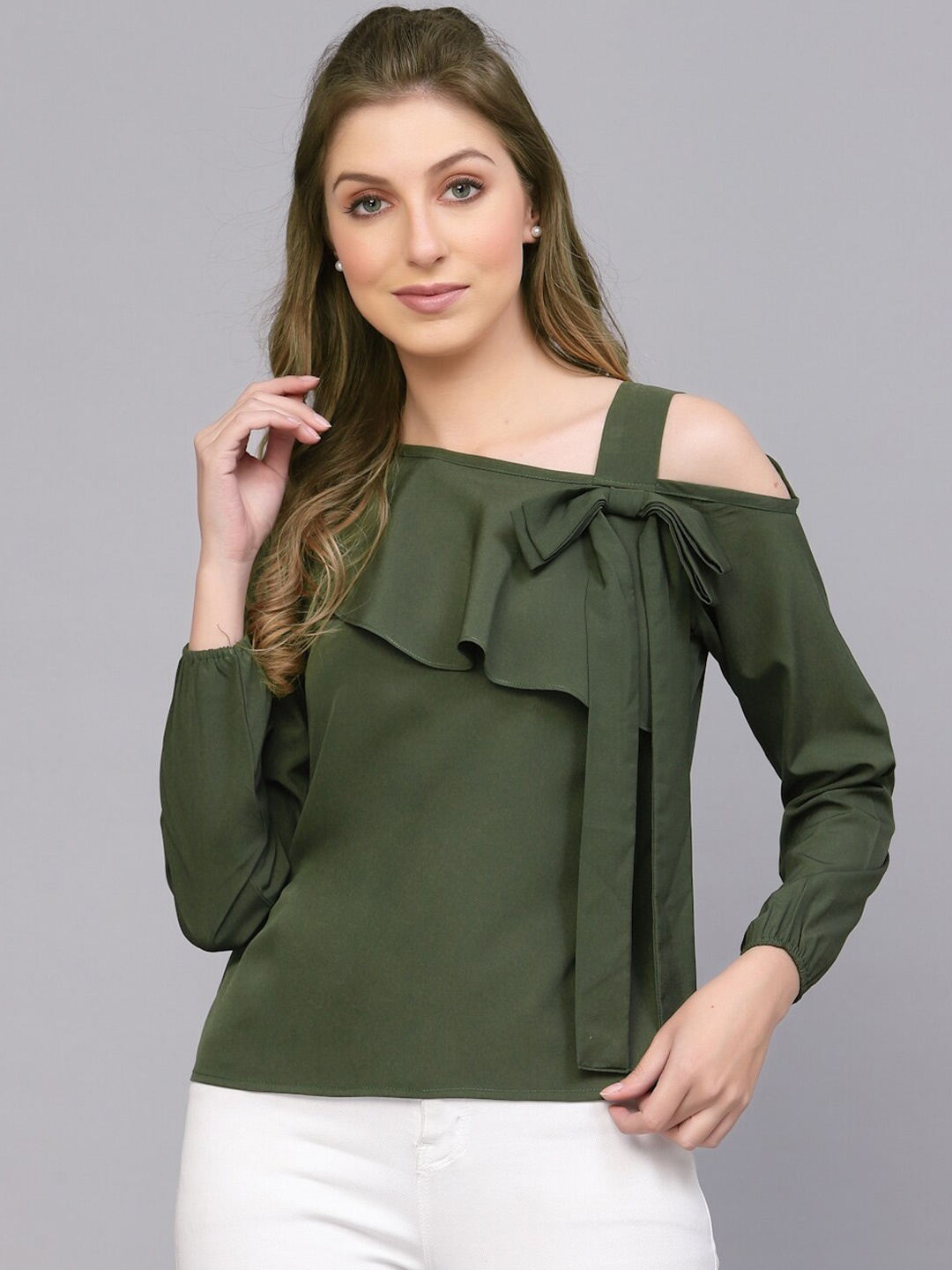 

Selvia One Shoulder Puff Sleeves Top, Green