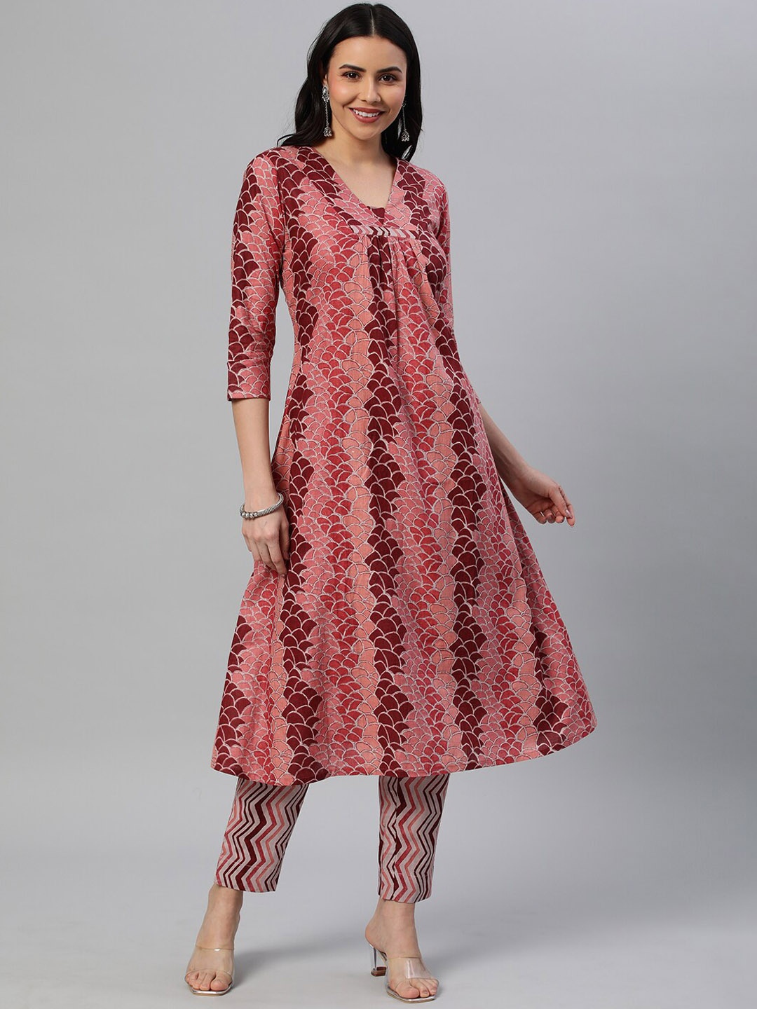 

KAMI KUBI Abstract Printed V Neck Pure Cotton A-Line Kurta With Trousers, Pink