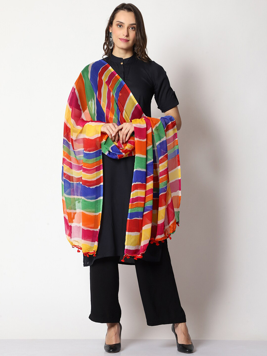 

WEAVERS VILLA Striped Printed Dupatta, Red