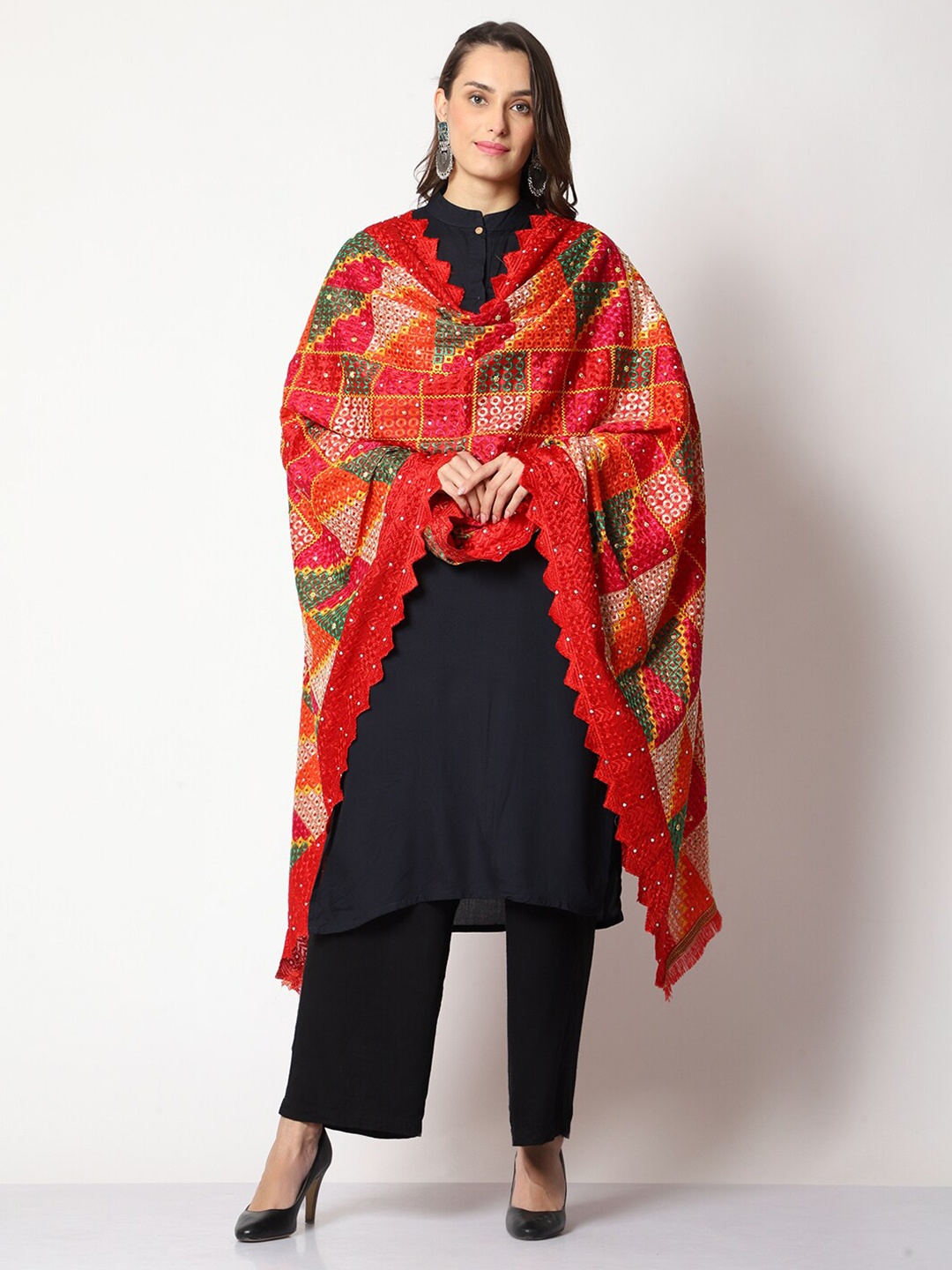 

WEAVERS VILLA Ethnic Motifs Embroidered Art Silk Dupatta with Phulkari, Red