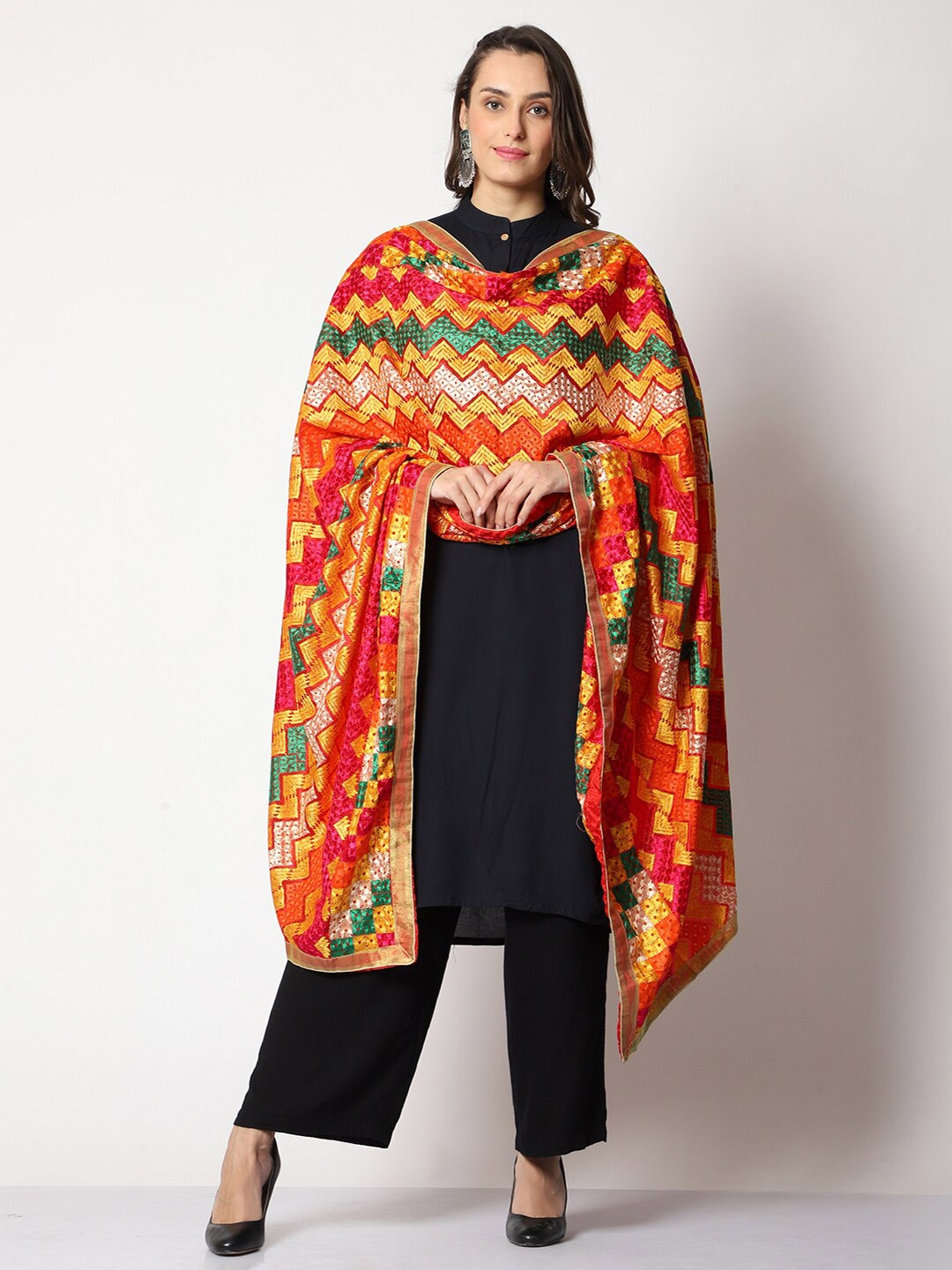 

WEAVERS VILLA Embroidered Art Silk Dupatta With Phulkari, Red