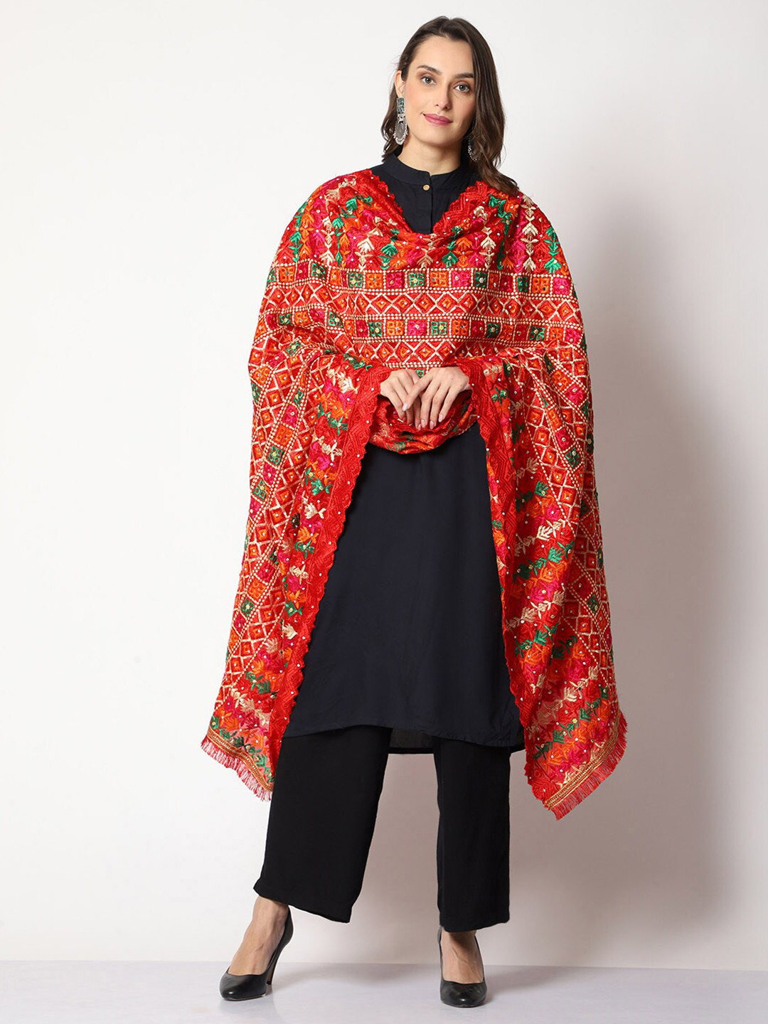 

WEAVERS VILLA Ethnic Motifs Embroidered Art Silk Dupatta with Phulkari, Red