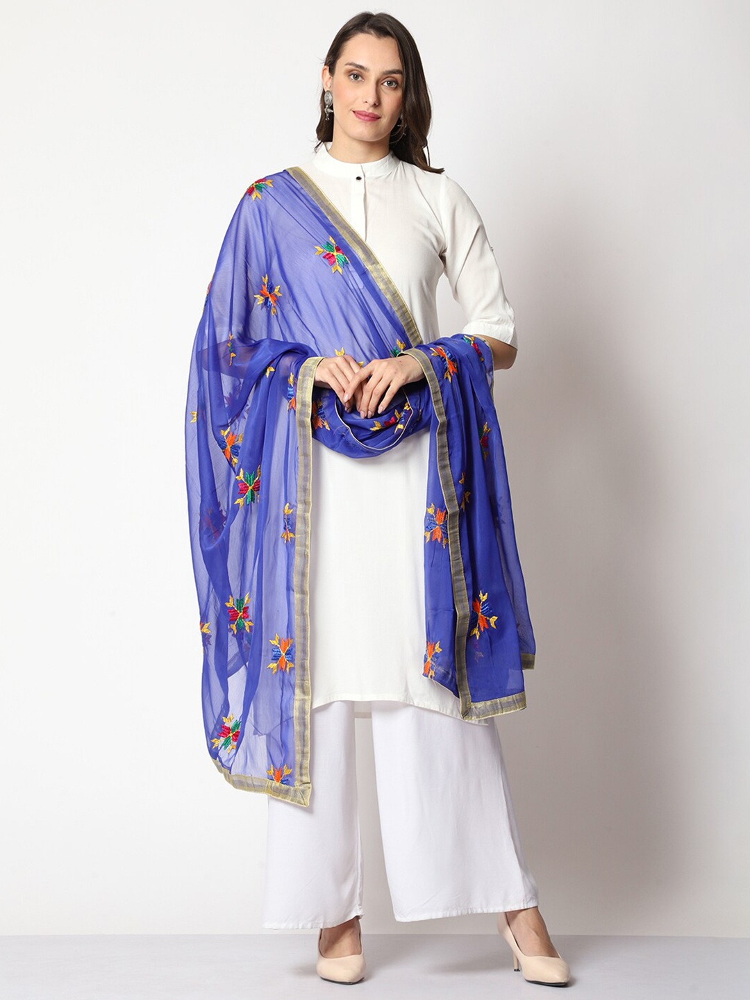 

WEAVERS VILLA Ethnic Motifs Embroidered Dupatta with Phulkari, Blue