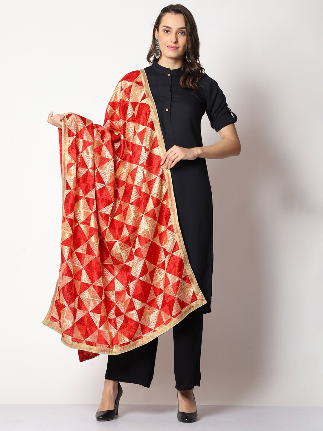 

WEAVERS VILLA Embroidered Art Silk Dupatta with Phulkari, Red