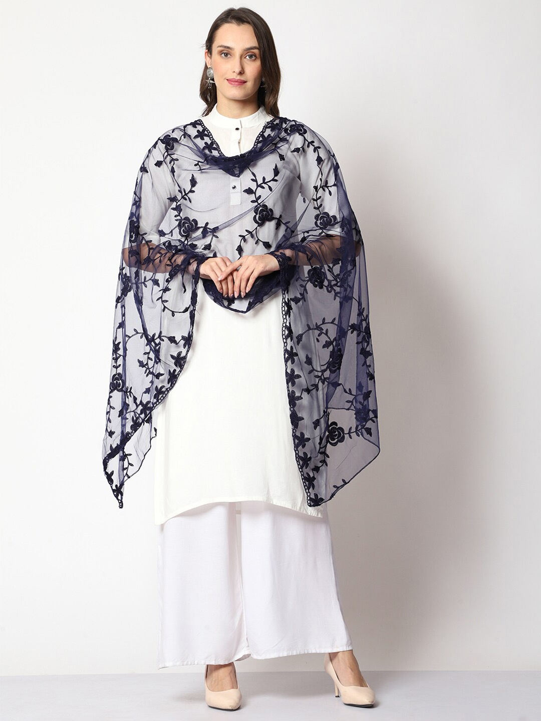 

WEAVERS VILLA Floral Embroidered Dupatta, Navy blue